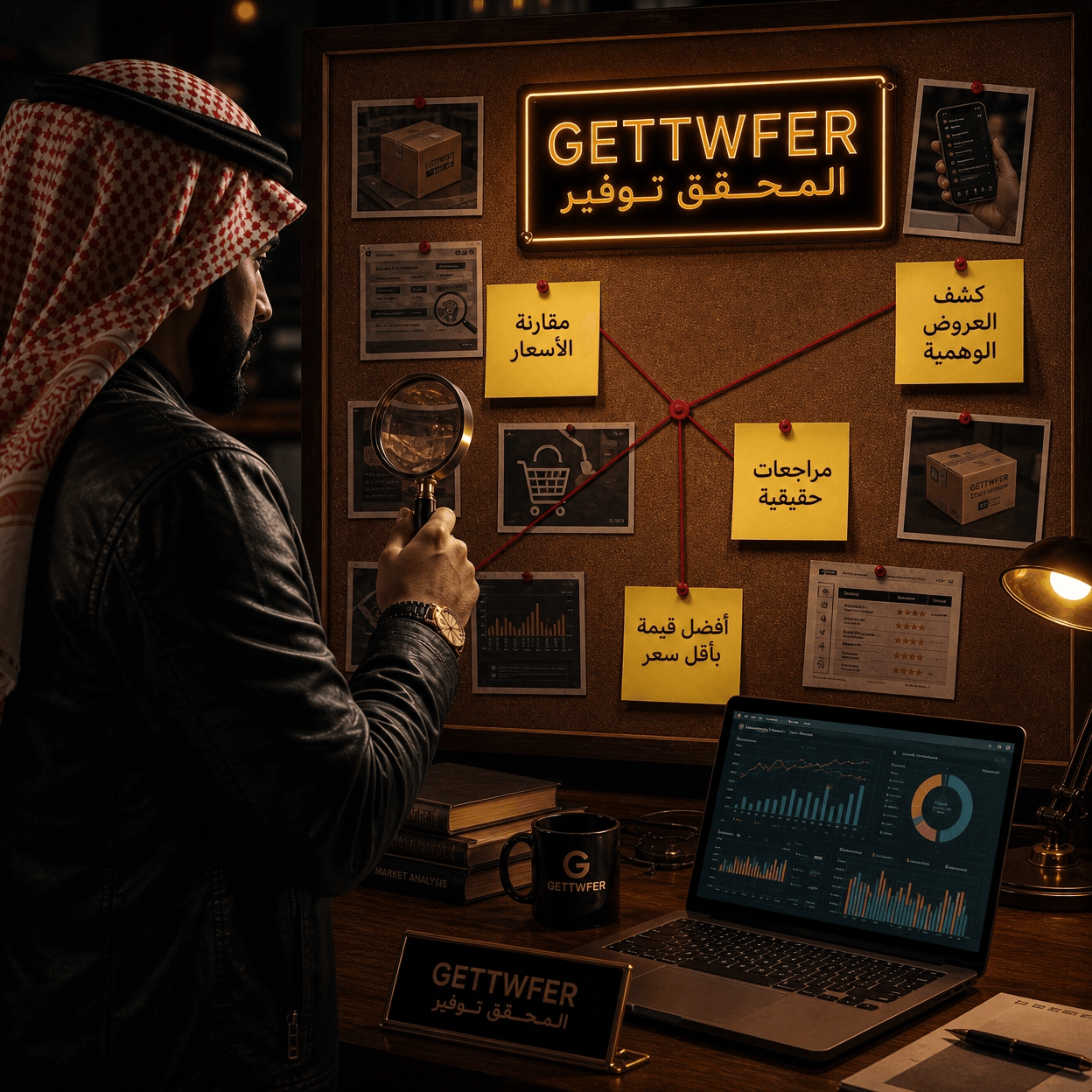 المحقق توفير يفحص أفضل العروض والمنتجات أمام لوحة تحقيق
