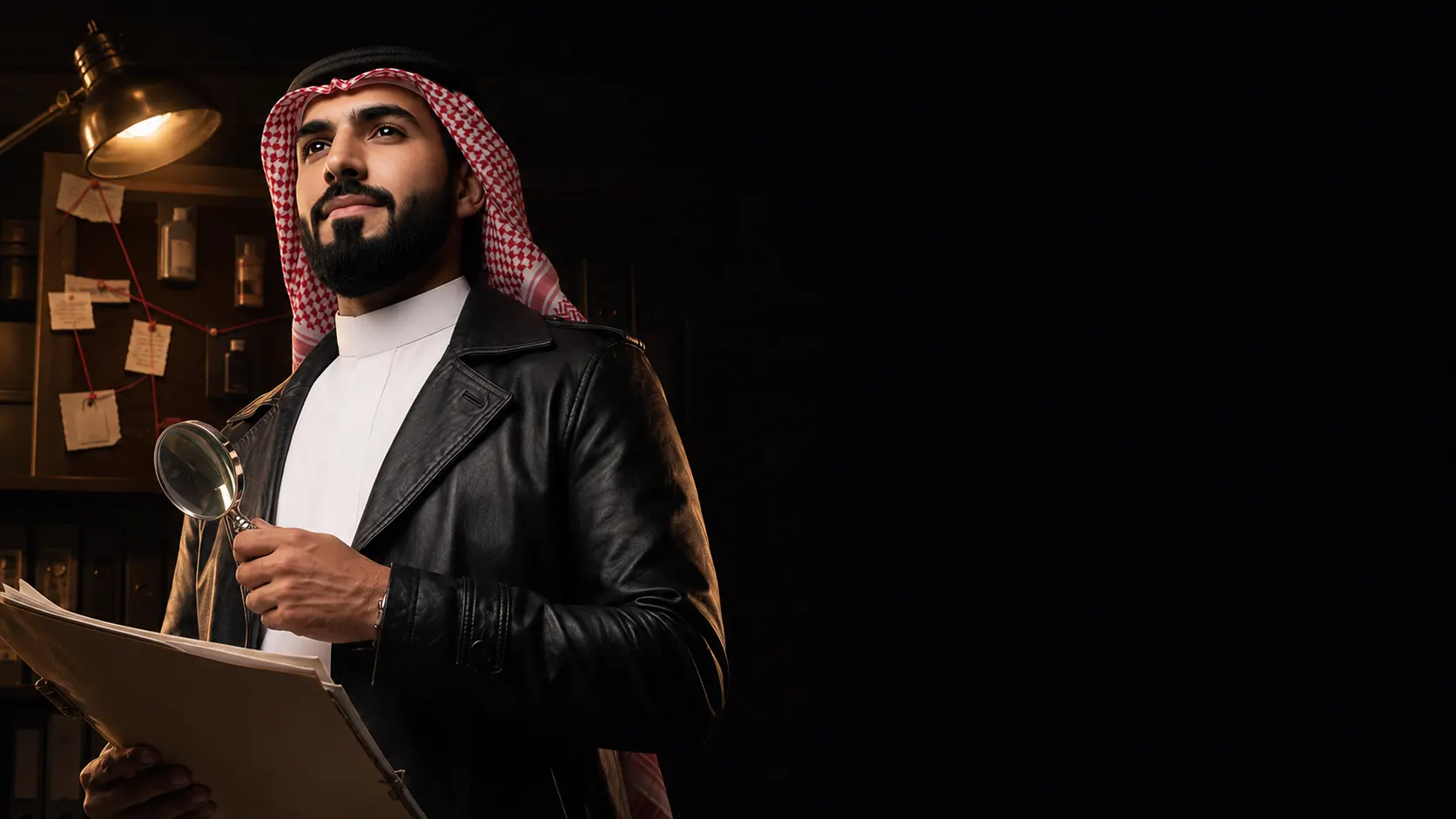 المحقق توفير يمسك عدسة وملف تحقيق