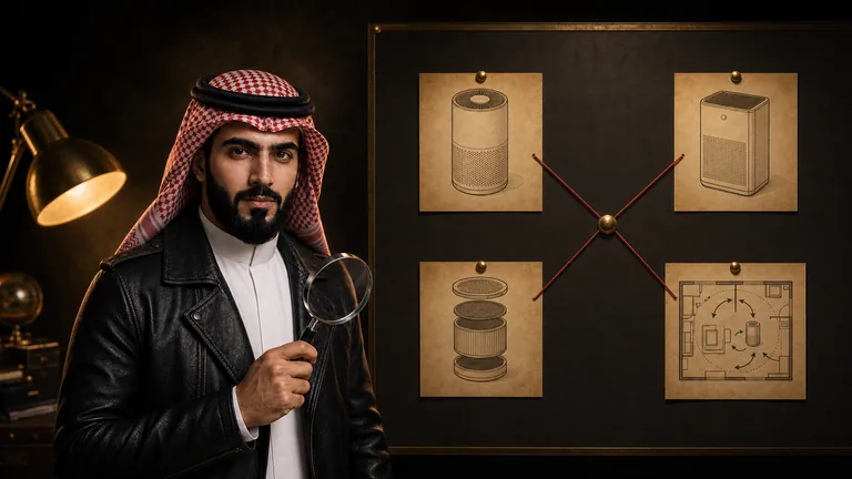 المحقق توفير أمام لوحة أدلة توضح أشكال منقيات الهواء والفلاتر