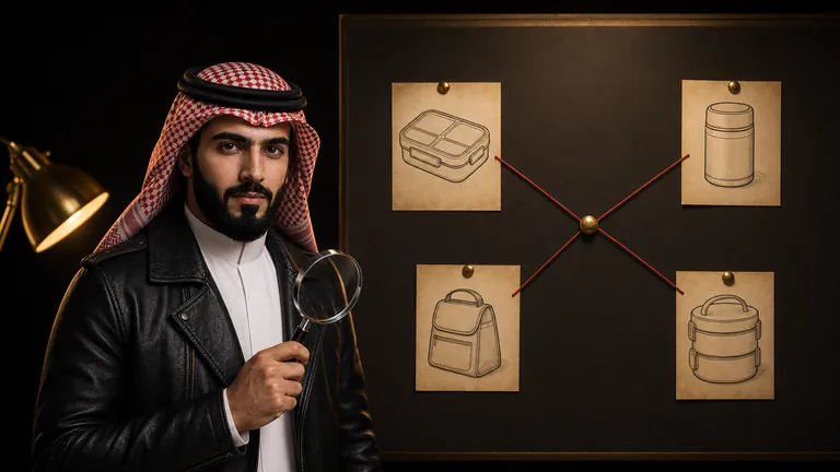 المحقق توفير أمام لوحة أدلة توضح أنواع حافظات الوجبات للمدرسة والدوام
