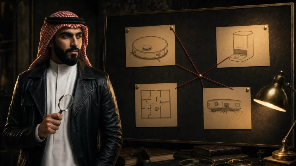 المحقق توفير أمام لوحة أدلة توضح وظائف المكانس الروبوتية