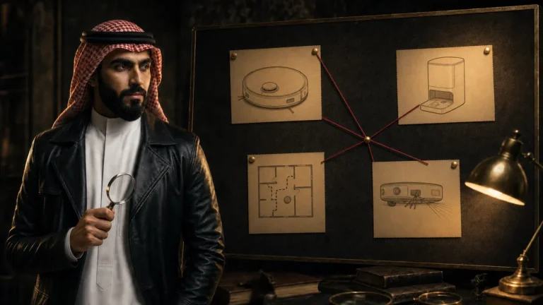 المحقق توفير أمام لوحة أدلة توضح وظائف المكانس الروبوتية