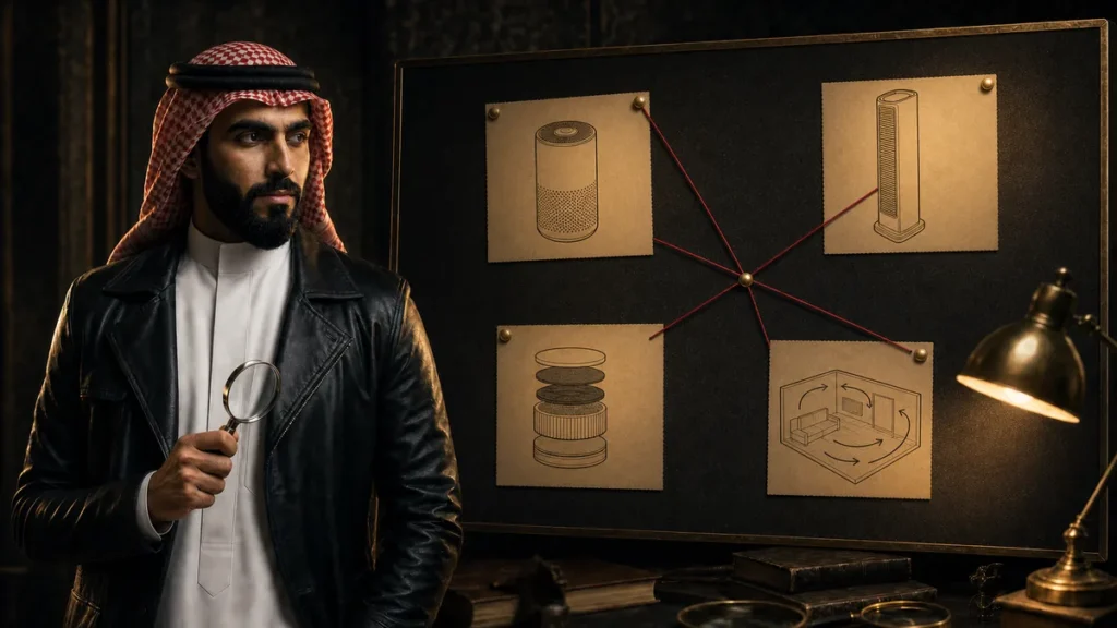 المحقق توفير أمام لوحة أدلة توضح أشكال منقيات الهواء والفلاتر