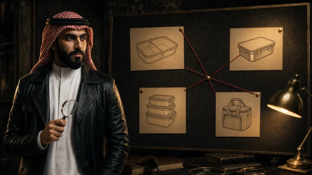 المحقق توفير أمام لوحة أدلة تقارن أنواع حافظات تحضير الطعام