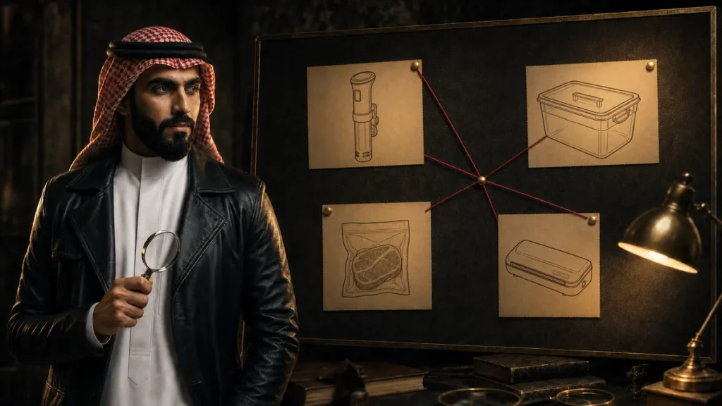 المحقق توفير أمام لوحة أدلة توضح أدوات الطهي الحراري الدقيق