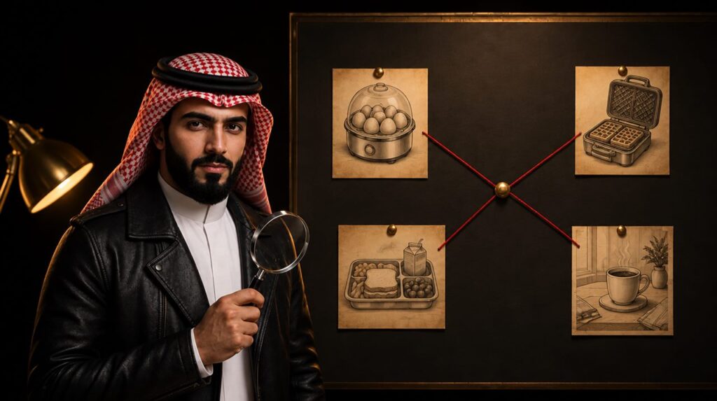 المحقق توفير أمام لوحة أدلة عليها سلاقة بيض وصانعة وافل وفطور مدرسة