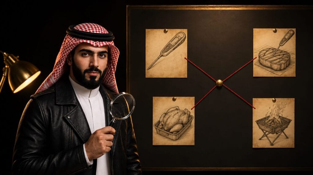 المحقق توفير أمام لوحة أدلة عليها ميزان حرارة لحم وستيك ودجاج وشواية كشتة