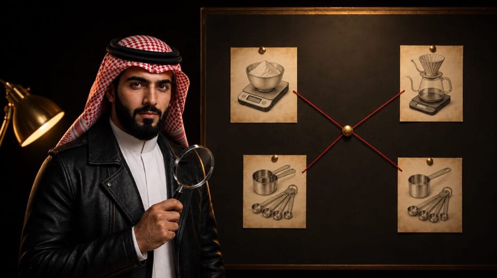 المحقق توفير أمام لوحة أدلة عليها ميزان مطبخ رقمي وميزان قهوة وأكواب قياس